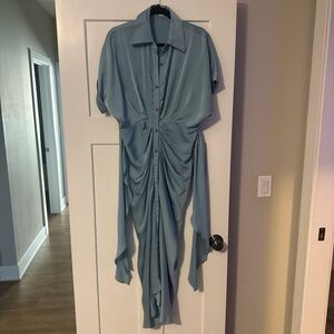 Fashion Nova Light Blue Ruched Button-Front Asymmetrical Dress